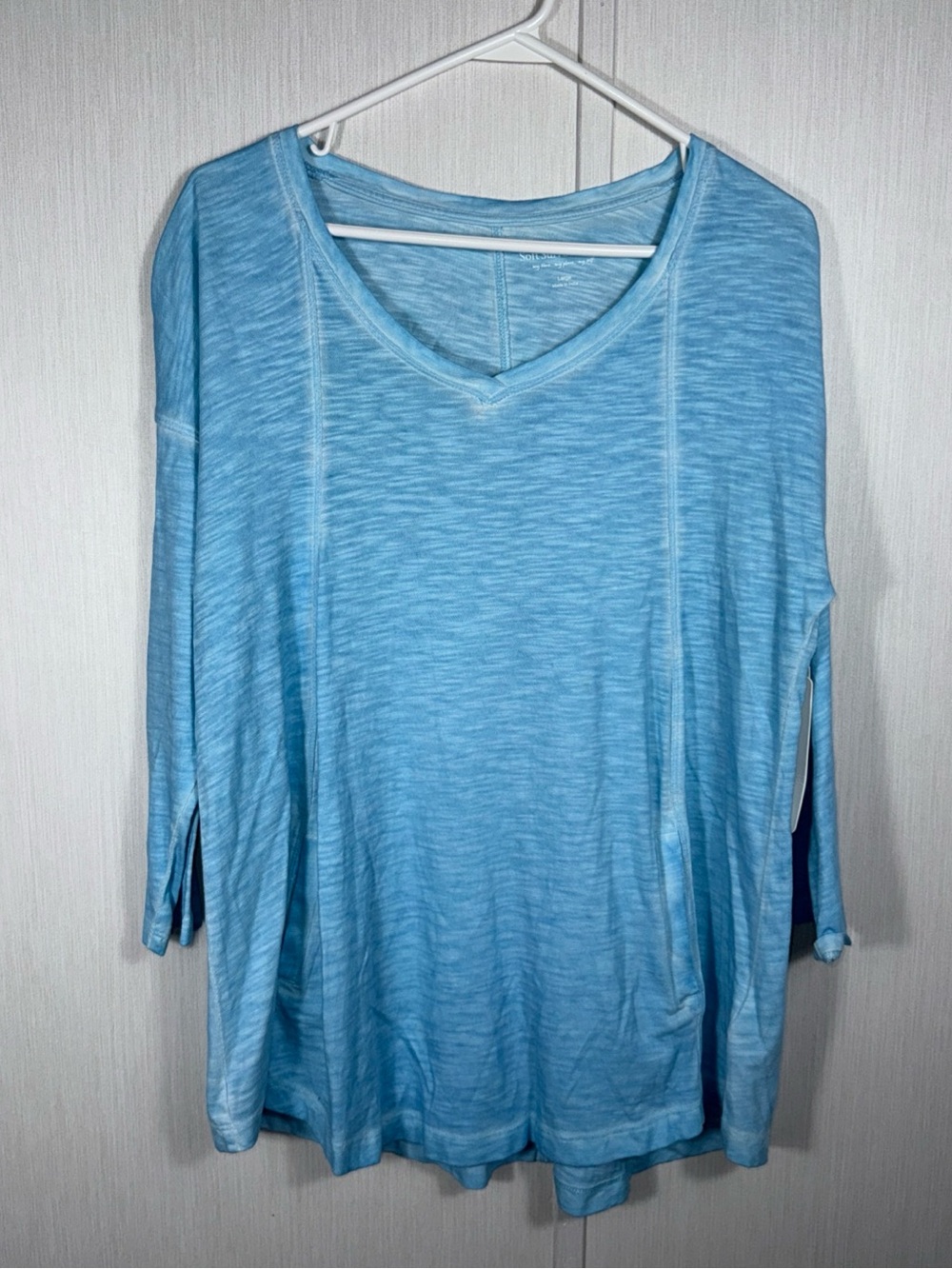 Soft Surroundings Heathered Light Blue V-Neck Long Sleeve Top